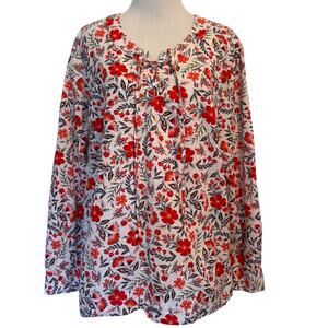 Style & Co Floral Laceup Top Womens Large White & Red Botanical Cotton Blouse
